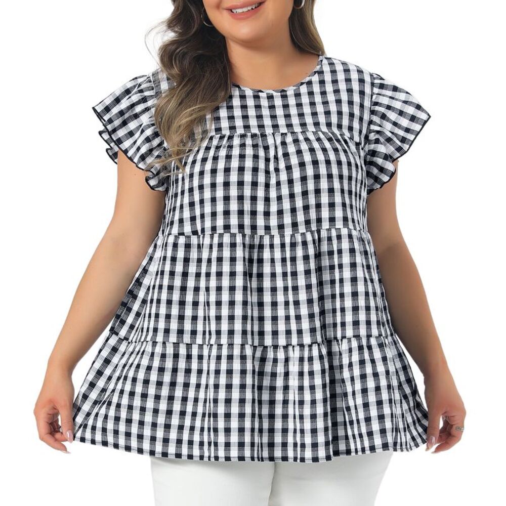 Women Plus Size Gingham Babydoll Blouse Summer Tops Black